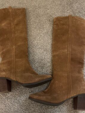 Women's Brown Suede Mid-Calf Block Heel Boots